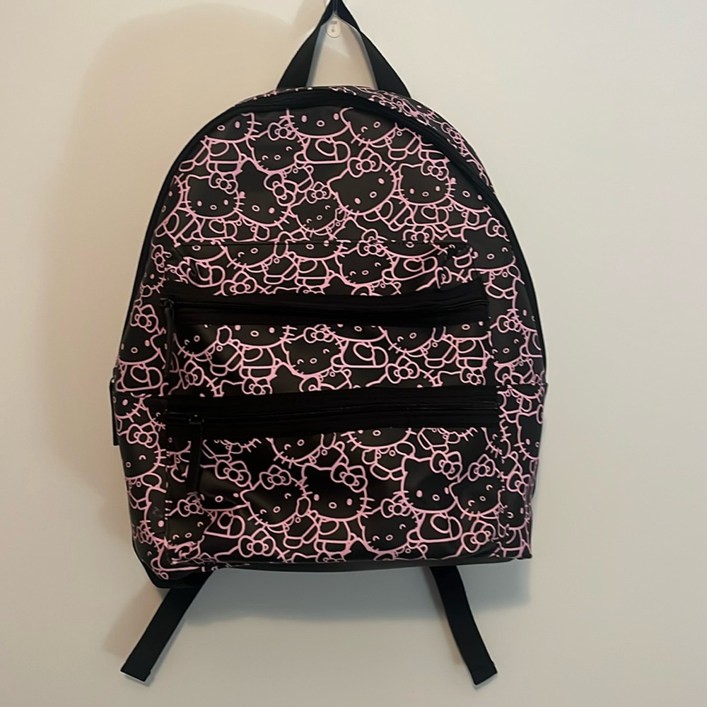 Hello Kitty Full Size Pink & Black Faux Leather Backpack 16"